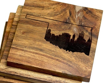 Oklahoma City Skyline Coaster Set - Housewarming Kitchen Barware Decor - Custom Wooden Coasters Retirement Gift - Unique Table Centerpiece