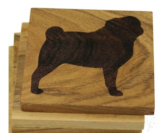 Personalized Pug Coaster Set - Engraved Wooden Drink Coasters - Custom Design for Dog Lovers- Coffee Table Centerpiece - Engraved Family Dog