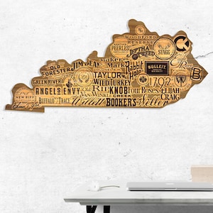 Kentucky Bourbon Distillery Wall Hanging - Engraved Oak KY Wooden Sign w/ Bourbon Whiskey Brands- Home Bar Art/Sign - Gift for Bourbon Lover