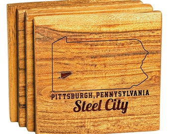 Pittsburgh Wood Coaster Set - Custom Engraved Wooden Coasters - Housewarming Gift / Realtor Closing Present, Home Bar / Office Decoration