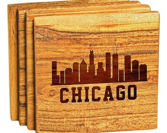 Chicago Skyline Wood Coaster Set - Personalized Drink Coasters for Housewarming - Custom New Home Buyer Closing Gift - Home Office Decor