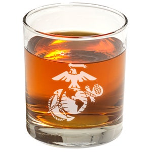 Personalized USMC Cocktail Rocks Glass - Marine Corps Whiskey Glass w/ Custom Engraved Design - American Made Promotion or Retirement Gift