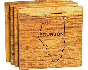 Chicago Bourbon Coaster Set - Custom Engraved Wooden Coasters - Home Bar Decor for Chicago Bourbon Lover - Housewarming Gift, New Home Buyer