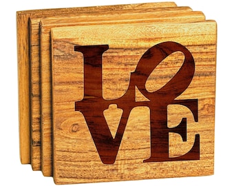 Philadelphia Love Coasters - Philadelphia Wooden Drink Coaster Set - Housewarming Gift, Personalized Home Office Decor, Realtor Closing Gift