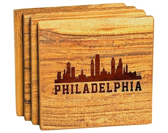 Philadelphia Coasters - Philadelphia Skyline Wooden Coaster Set - Housewarming Gift, New Home Buyer - Personalized Present Home Office Decor