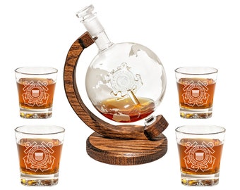 Coast Guard Decanter Set - Whiskey Decanter with Rocks Glasses - Unique Present for Retirement, Promotion, Veteran - USCG Barware & Decor