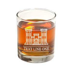 May include: A clear glass tumbler with a brown liquid inside. The glass has a white design of a castle with the text "TEXT LINE ONE" underneath.