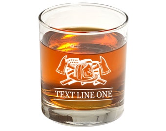 Firefighter Personalized Whiskey Glass - Cocktail / Rocks Glass w/ American Flag & Helmet - Gift for Firefighters - Retirement / Promotion