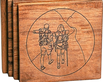 Hiking Couple Coasters - Wooden Coaster Set for Hikers - Outdoorsy Gift for Hiker or Nature Lover - Home Decor for Hiking - Mountain Home