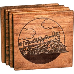 May include: Set of four wooden coasters featuring a laser-engraved design of a vintage steam locomotive with clouds in the background.