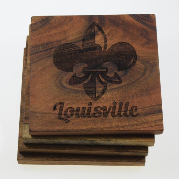 Louisville Kentucky Fleur de Lis Coaster Set- Housewarming Office Decoration - Custom Engraved Wooden Coasters, Home Bar Decor- Gift for Her