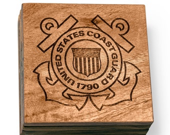 Coast Guard Wood Coaster Set - USCG Emblem Wooden Coasters - Retirement / Promotion Gift - Retired Veteran Home Decor - New Home Office