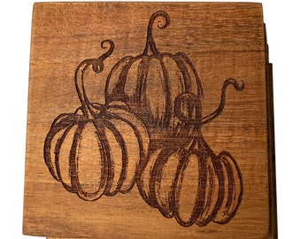 Fall Themed Pumpkin Decorations Coaster Set - Custom Wooden Drink Coasters for Halloween Party - Table Centerpiece - Kitchen Barware Decor