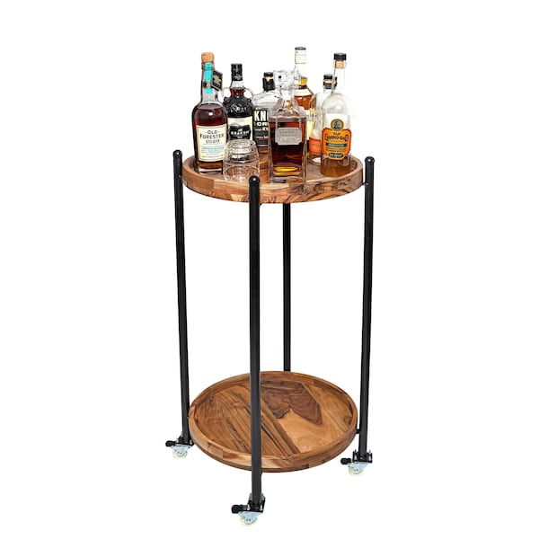 Industrial Bar Cart - Rolling Round Bar Cart Trolley/Serving Cart - Home Bar Liquor Cabinet, Kitchen Cart, Coffee Bar, Industrial Furniture