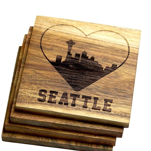 Seattle Skyline Coaster Set - I Love Seattle Wooden Coasters -Personalized Housewarming Gift - Realtor Closing Gift, New Home Buyer Present