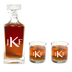 Personalized Decanter Set With Monogrammed Whiskey Glasses–Plain Initials–Set of 2 Cocktail Glasses & Plain Monogram Liquor Decanter