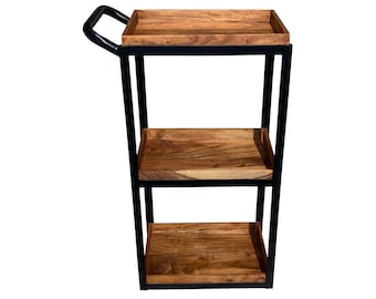 May include: A three-tiered serving cart with a black metal frame and wooden shelves. The cart has a handle on the top.