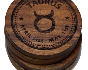 Taurus Zodiac Sign Drink Coaster Set - Engraved Astrological Symbol Graduation Gift - Handmade Acacia Wooden Coasters - Custom Kitchen Decor