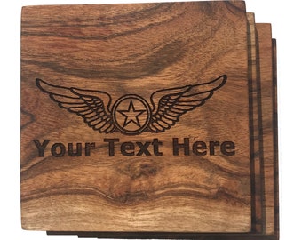 Personalized Pilot Wings Wood Coaster Set - Custom Aviation Themed Wooden Coasters - Retirement Gift for Him - Pilot Present Flight School