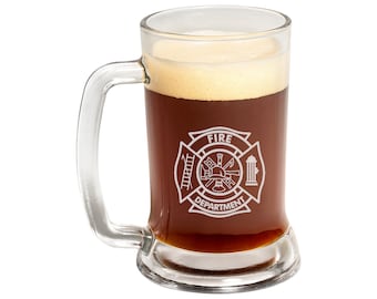 Personalized Firefighter Beer Mug - Custom Engraved Maltese Cross Promotion / Retirement Gift- Present for Volunteer Fireman, Home Bar Decor