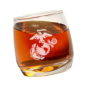 Marine Corps Rocking / Spinning Whiskey Glass - Custom Engraved USMC Emblem Glasses - Retirement or Promotion Gift - Personalized Present