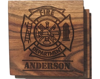 Personalized Maltese Cross Firefighter Coasters - Gift for Firefighter - Fireman Scramble - Wood Coaster Set for Promotion / Retirement