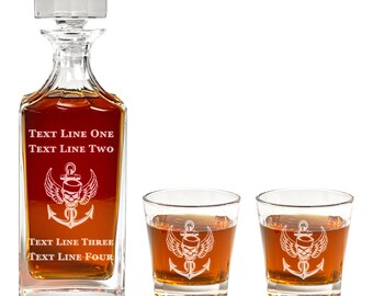 Sailors Decanter Set - Retired Navy Present - Retirement, Promotion Gift for US Navy Service - Personalized Navy Gift - Barware, Bar Decor