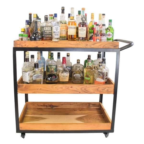 Industrial Bar Cart - Rolling Bar Cart Trolley/Serving Cart - Home Bar Liquor Cabinet, Kitchen Cart, Coffee Bar Cart Industrial Furniture