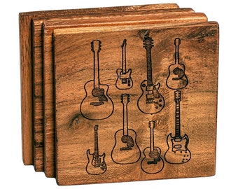 Guitar Lovers Wood Coaster Set of 4 - Engraved Eight Unique Guitars Design - Handmade Designs Wooden Coasters - Home Decor Wedding Gifts