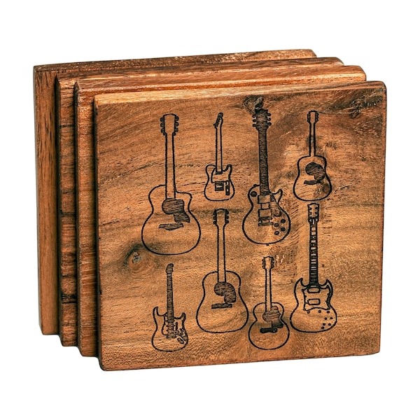 Guitar Lovers Wood Coasters - Engraved Coaster Set w/ Eight Unique Guitars - Handmade Engraved Design - Band, Teacher Home Decor - Guitarist