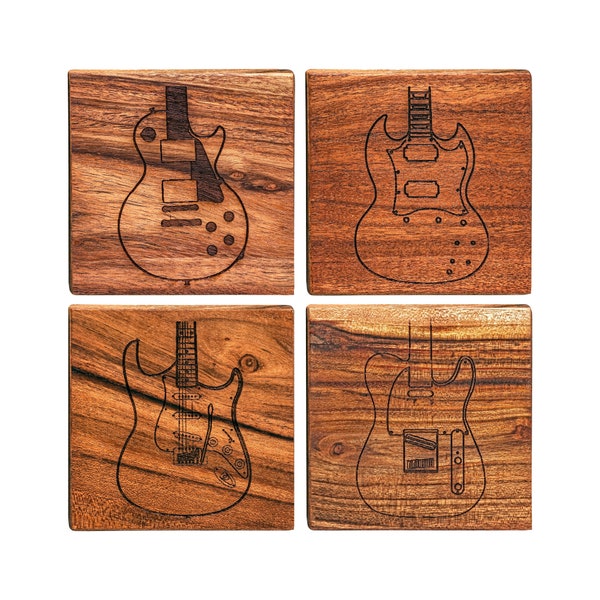 Electric Guitar Lovers Wood Coaster Set - Engraved w/ Four Guitar Designs - Home Decor Coasters for Band Member or Teacher - Musician Gift