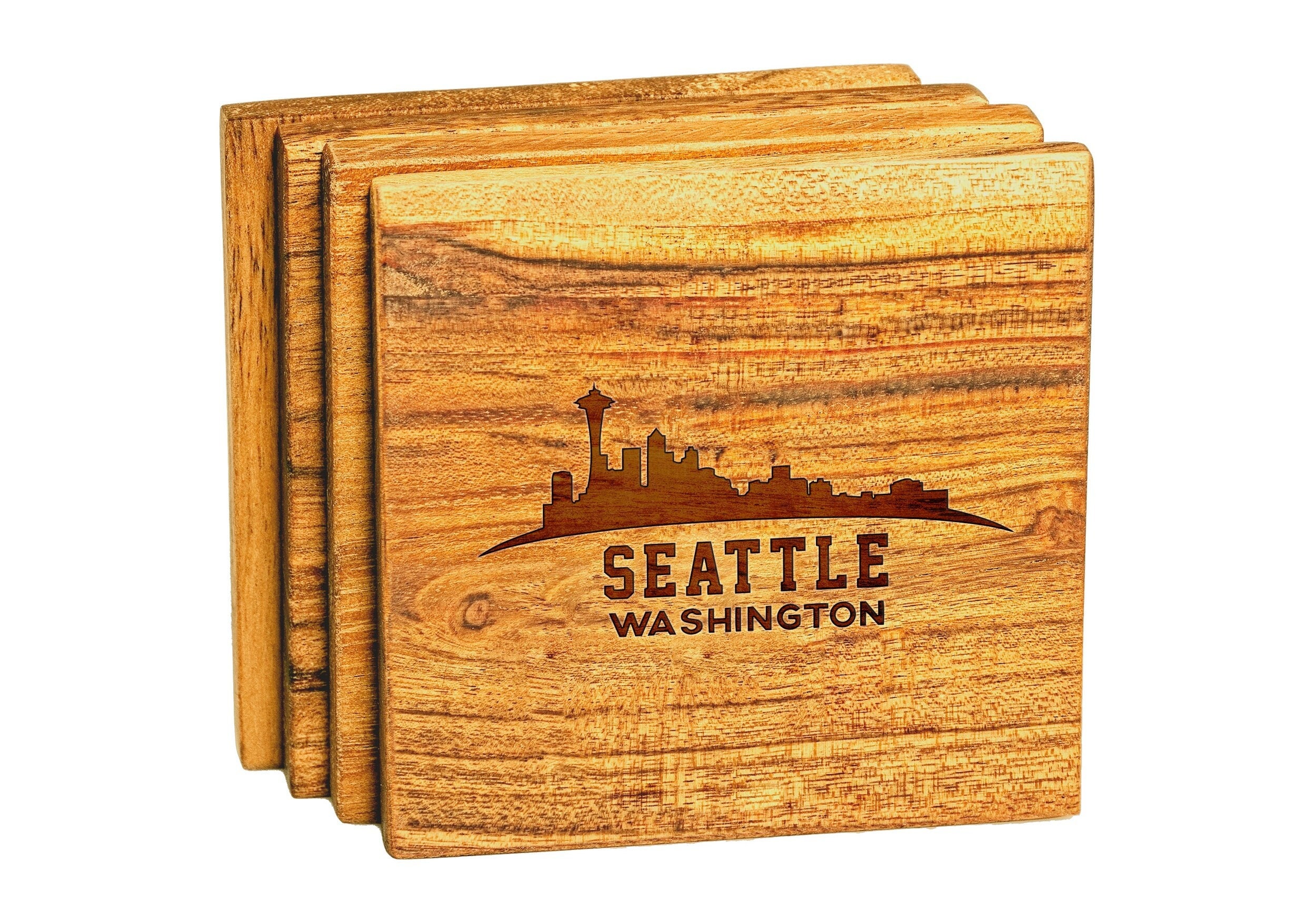 Seattle Washington Wood Coaster Set - Housewarming Table Centerpiece - Custom Drink Coasters Anniversary Present - Unique Gift Ideas for Her