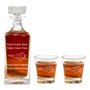 F22 Decanter Set - F-22 Raptor Aircraft Engraved on Whiskey Decanter & Glasses - Gift for Pilot, Retirement, Promotion, Graduation, etc.