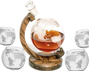 Globe Decanter Set - Personalized Bourbon Whiskey Decanter Set with 4 Glasses - Whisky Themed Gift for Dad or Husband - Unique Wine Decor