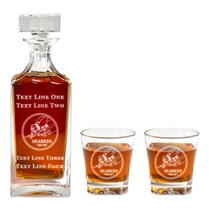 Seabees Decanter Set - Personalized Gift for Construction Battalion - Seabees Gift Set w/ Decanter & Whiskey Glasses - Promotion, Retirement