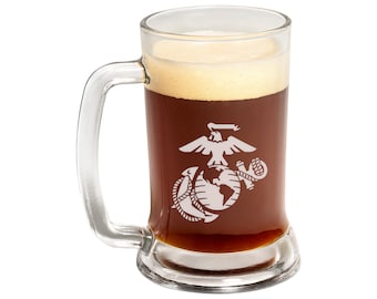 Personalized Marine Corps Beer Mug - Retirement / Promotion Gift - USMC Custom Engraved Glass Mug for Retired Veteran - Fathers Day Present