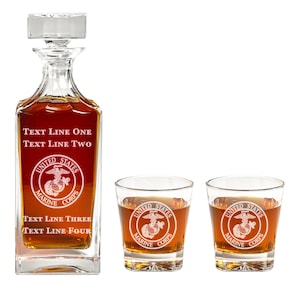 Marines Emblem Decanter Set - Unique Gift for Retirement or Promotion - Personalized, Custom USMC Gift - Marine Corps Present