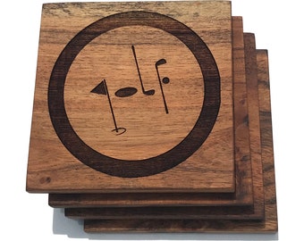 Golf Wood Coaster Set - Golfer Wooden Coasters - Retirement Gift for Husband / Dad - Personalized Barware for Golf Enthusiast