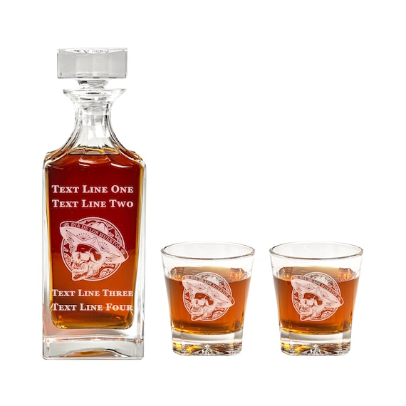 A hand-engraved Día de los Muertos decanter set that merges Mexican folk-art iconography with functional barware — the skull motifs make it a display piece even when the whiskey's gone.