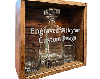 Prestige Decanters Gift Box / Display Box for Decanter Set - Engraved Personalized Design on Glass Front - Unique Barware Display Piece