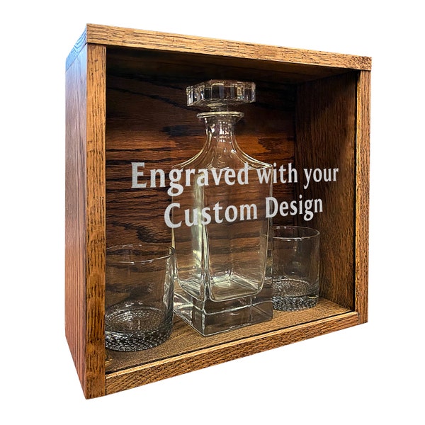 Prestige Decanters Gift Box / Display Box for Decanter Set - Engraved Personalized Design on Glass Front - Unique Barware Display Piece