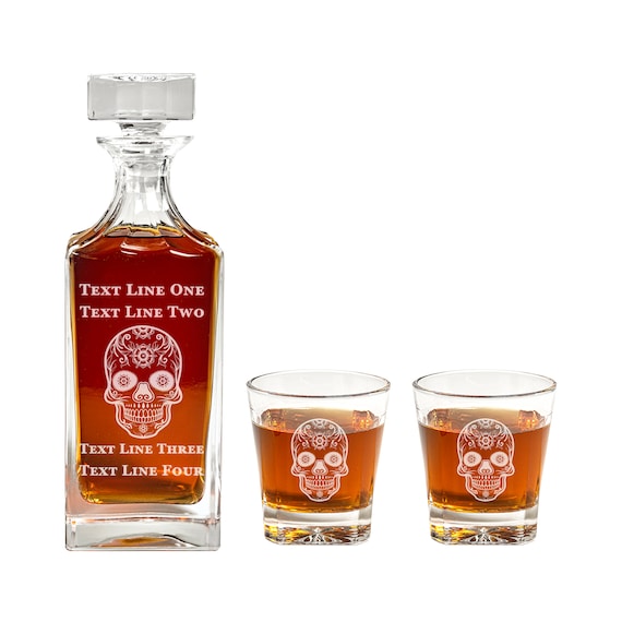 Sugar Skull Decanter Set - Unique Sugar Skull Gift - Personalized Engraved Decanter Set w/ Calavera Design & Customizati