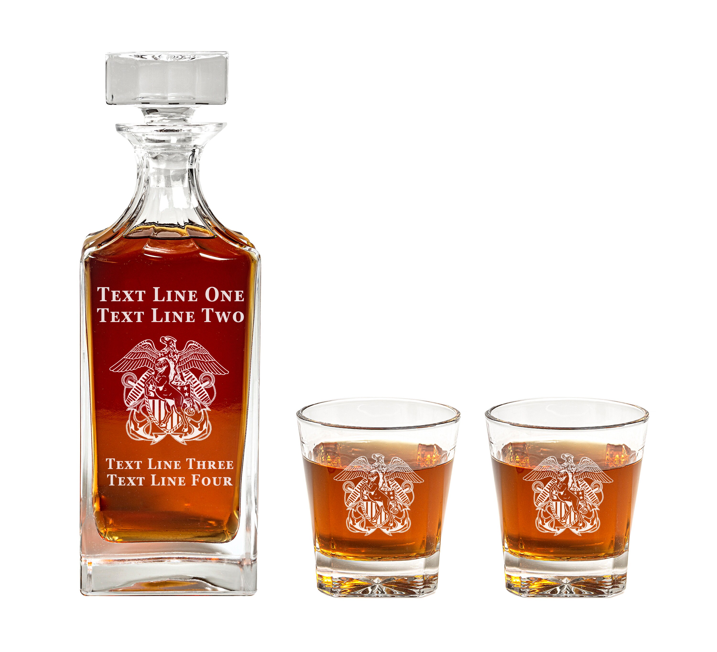 Navy Mustang Insignia Decanter Set- Retired Veteran Present for Navy Mustang - Personalized Gift - Custom Engraved Retirement / Promotion