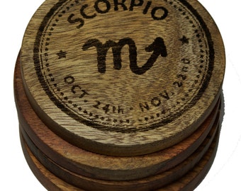 Scorpio Zodiac Sign Wooden Coaster Set - Custom Astrological Symbol Anniversary Gift for Him - Engraved Acacia Drink Coasters Home Decor