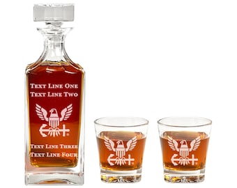Navy Whiskey Decanter Set - Custom Navy Veteran Gift - Retirement Present for US Navy Master Chief - Unique Navy Gifts for Men - Navy Emblem