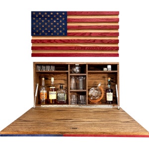 American Flag Murphy Bar - United States Flag Hanging Bar Cabinet on Wall - Solid Wood Bar Cabinet - Hidden Hideaway Home Bar Liquor Cabinet