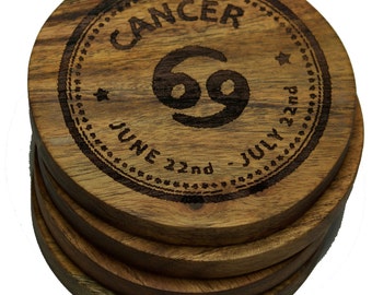 Cancer Zodiac Sign Drink Coaster Set - Custom Astrological Signs Home Kitchen Decor - Engraved Acacia Wooden Coasters Retirement Present