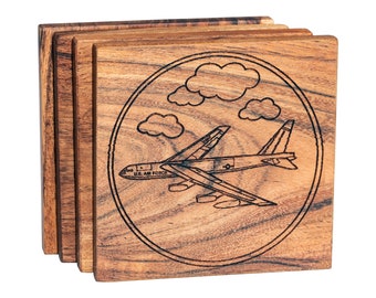 B52 Wood Coaster Set - Custom Engraved B-52 Stratofortress Drink Coasters - Personalized Gift for B52 Pilot - Retirement / Promotion Present