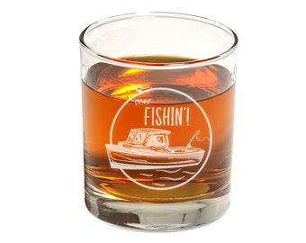 Fishing Whiskey Glass Set - Personalized Gift for Fisherman - Cocktail / Rocks Glass Present for Dad Who Likes Fishing & Bourbon / Whiskey