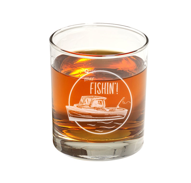 Engraved whiskey glass with Fishing design great gift for fisherman father